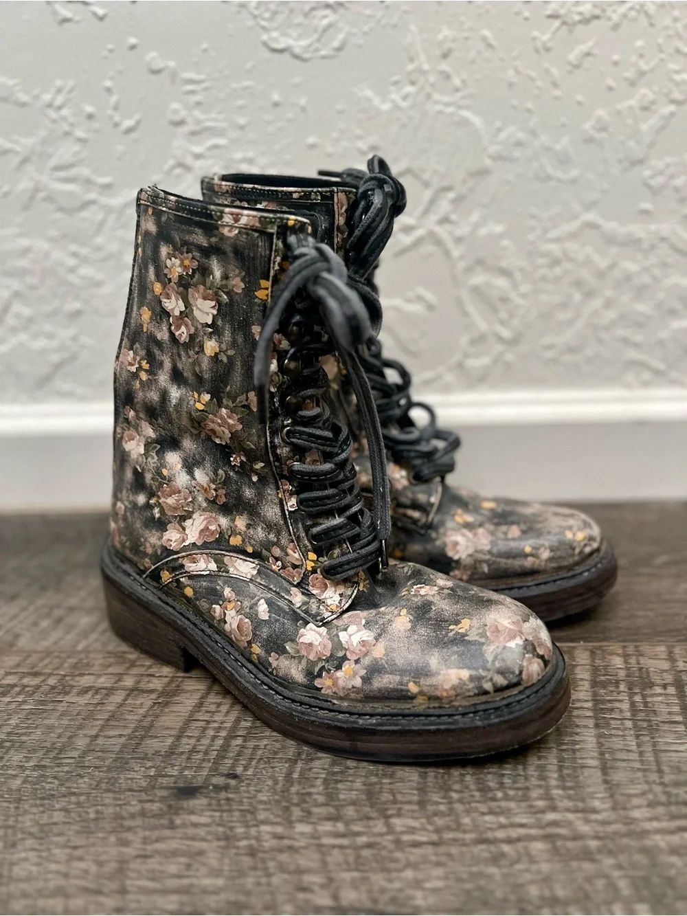 Free People Black Floral Lace-Up Combat Boots